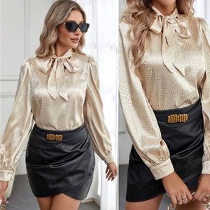 New Satin Dalmatian Jacquard Tie Neck Boho Blouse Gold Cream Long Lantern Sleeve